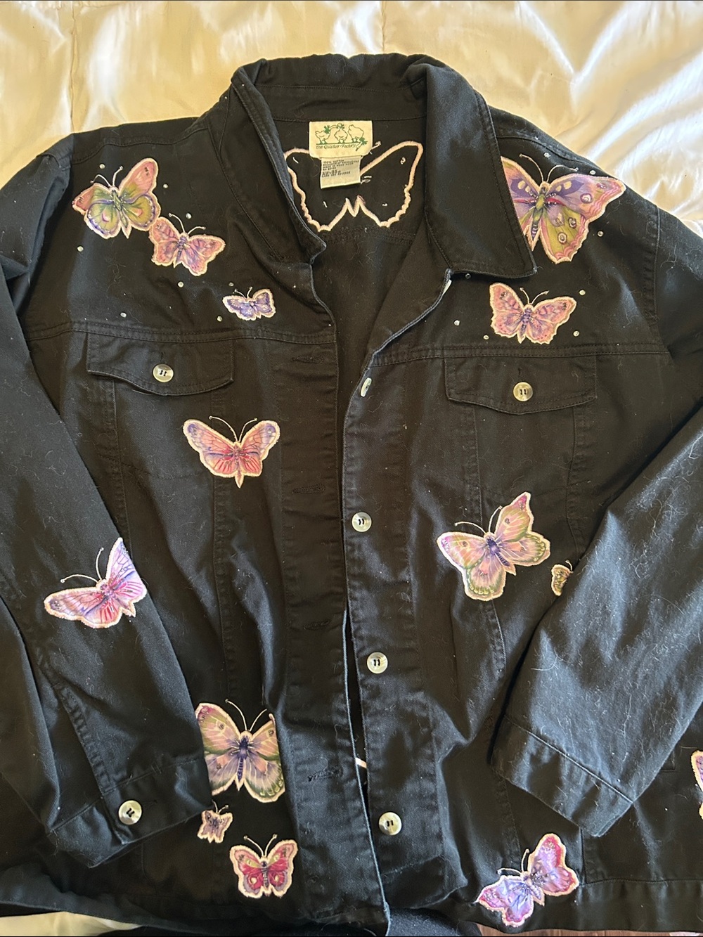 Quacker Factory Black Jean Jacket with Pink & Purple Butterfly Patches